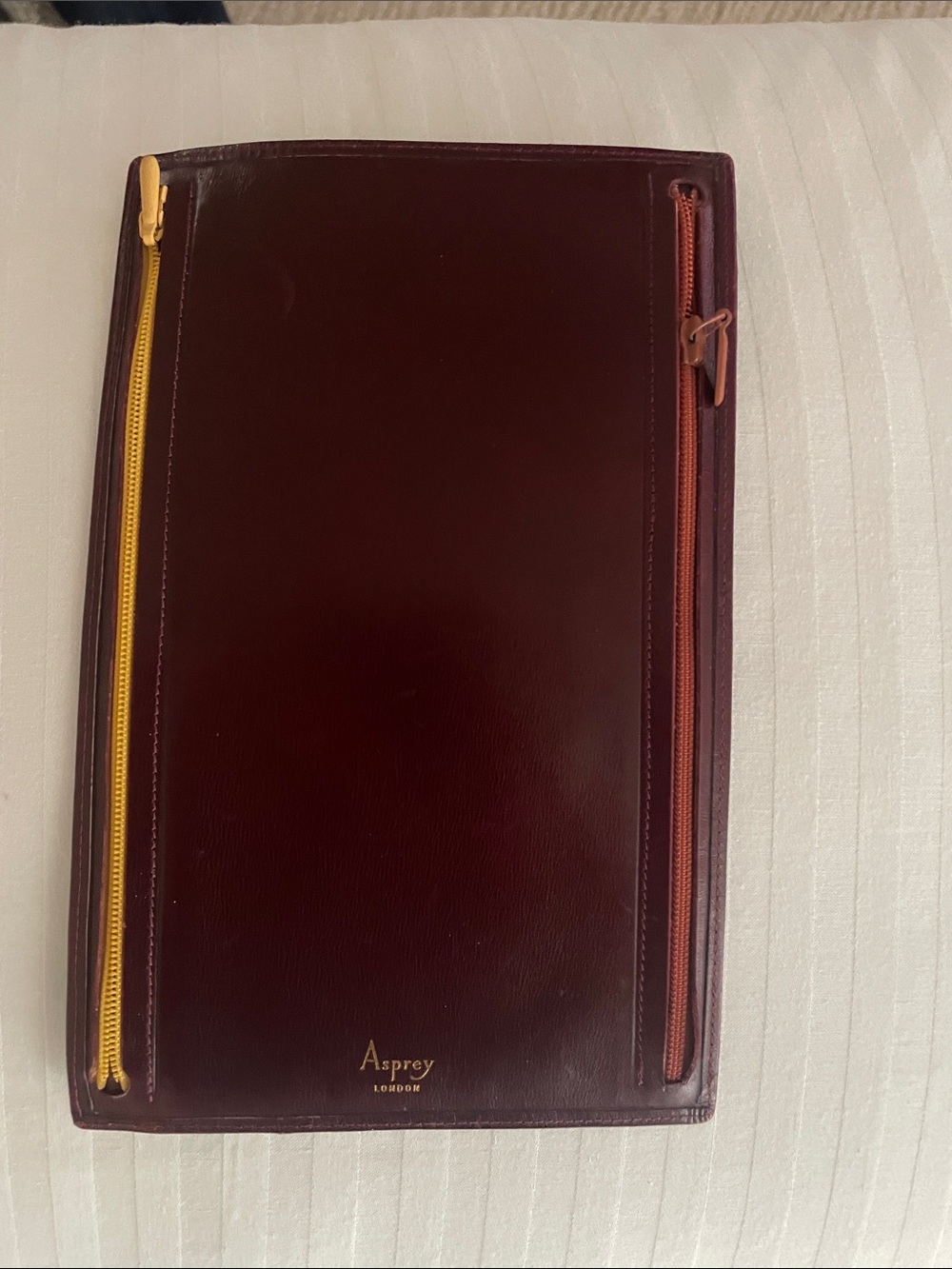 Asprey Burgundy Leather Zip Document Sleeve with Yellow & Rust Zippers